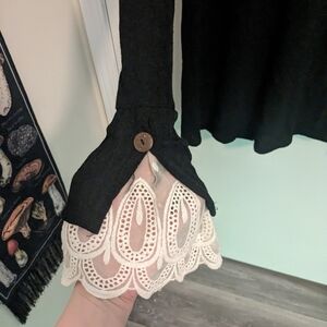 Black Mon Ami Sweater dress with beautiful bell sleeve lace cuff detail, Size L